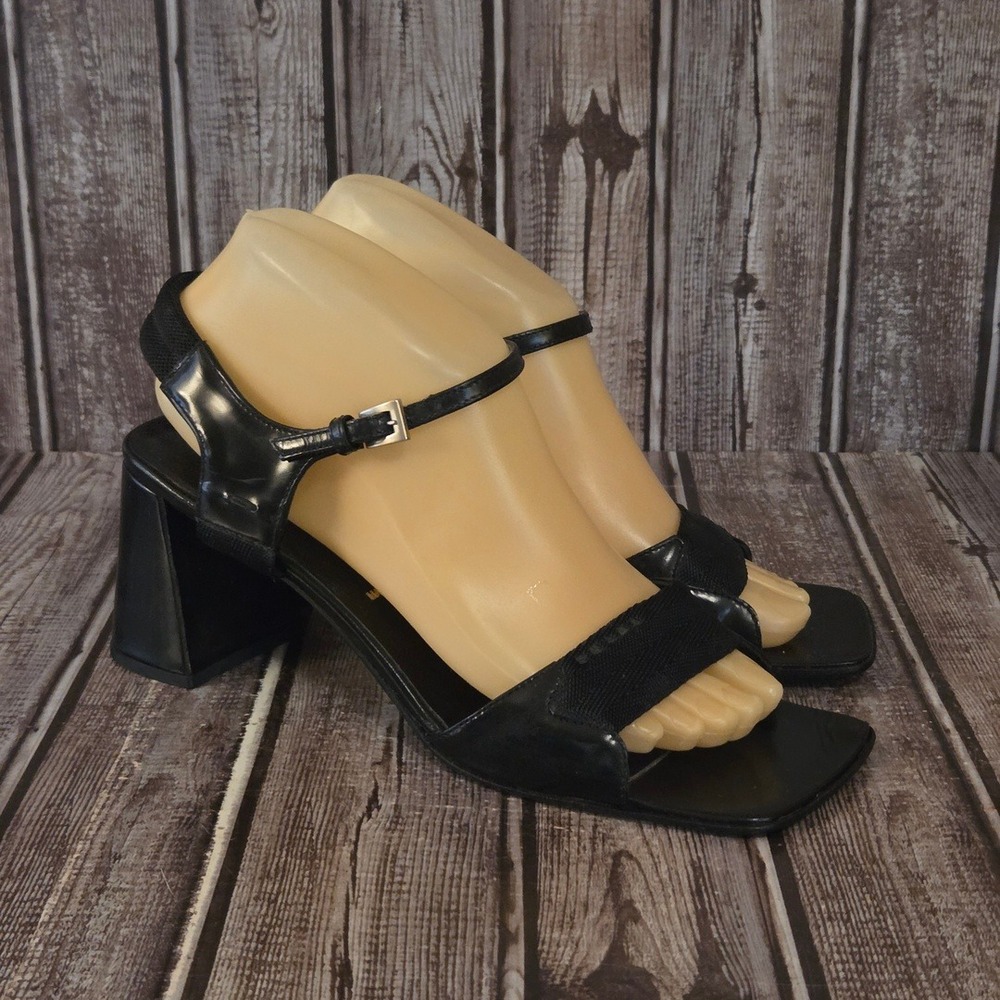 Sz 38.5/ 8.5 Vintage Y2K Prada Square Toe Block Heel Sandals Black Patent Nylon